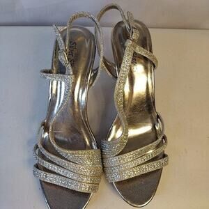 Silver Slipper Shoes Womens Size 8.5 Silver Rhinestone Strappy Slingback Heels